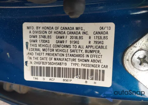 2013 Honda Civic Lx из США, поврежденный, VIN 2HGFB2F56DH548719